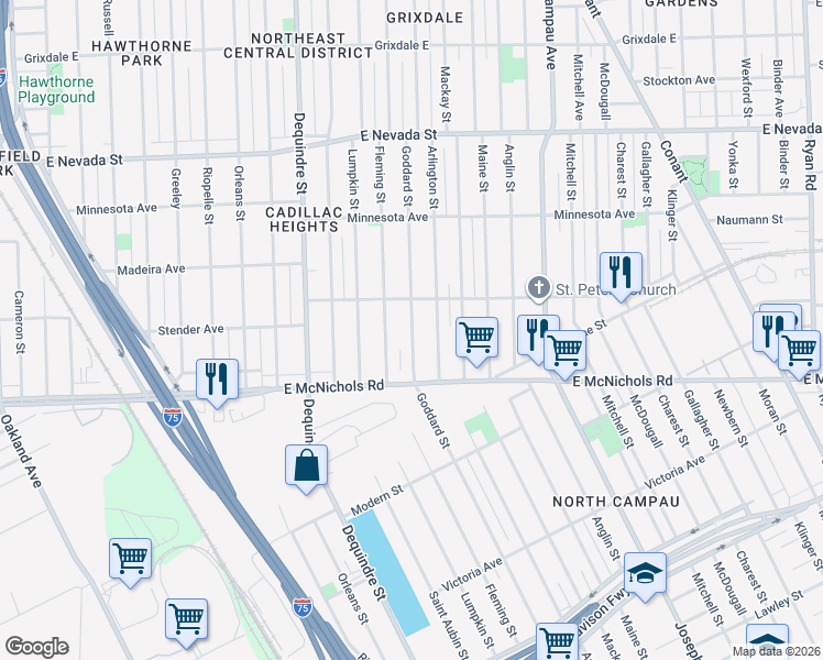 map of restaurants, bars, coffee shops, grocery stores, and more near 17195 Arlington Street in Detroit