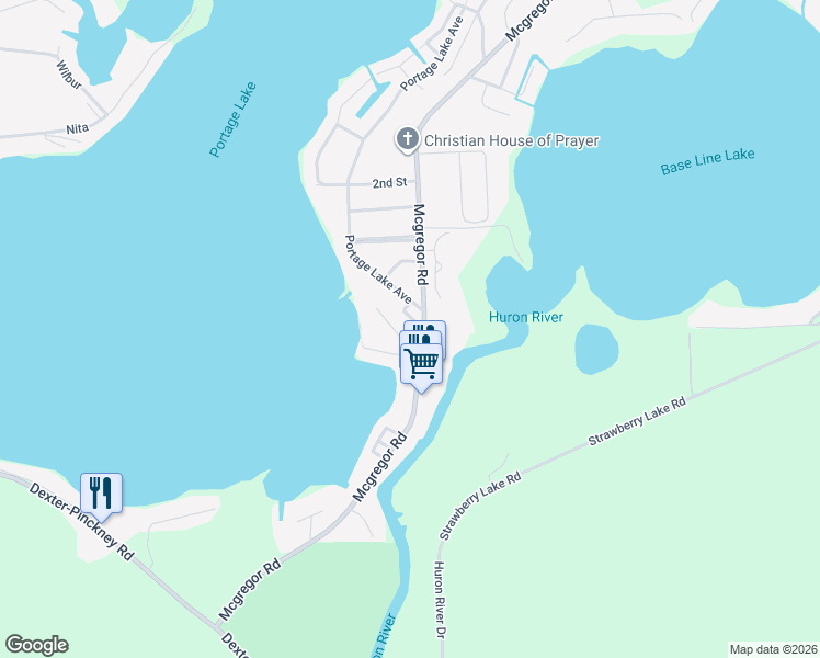 map of restaurants, bars, coffee shops, grocery stores, and more near 9450 Mcgregor Road in Pinckney