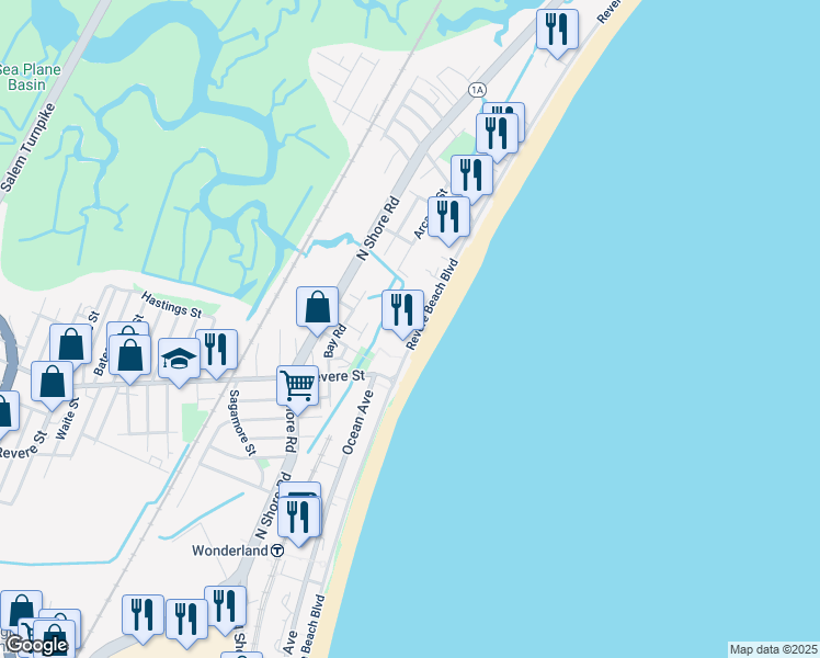 map of restaurants, bars, coffee shops, grocery stores, and more near 350 Revere Beach Boulevard in Revere