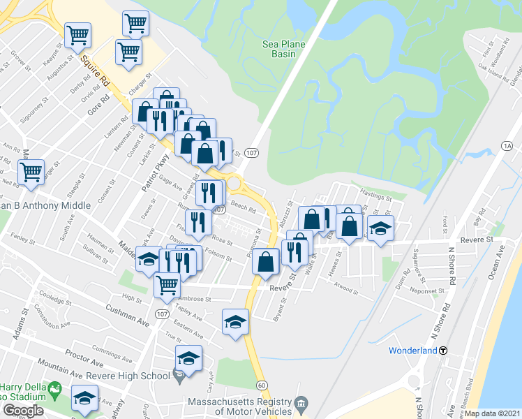 map of restaurants, bars, coffee shops, grocery stores, and more near in Revere