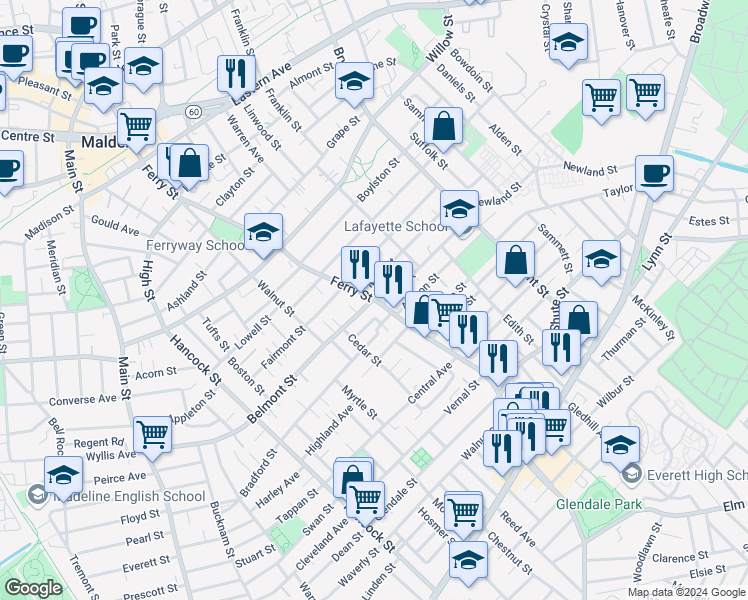 map of restaurants, bars, coffee shops, grocery stores, and more near 475-481 Ferry Street in Malden