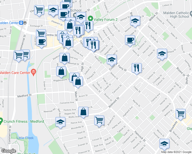 map of restaurants, bars, coffee shops, grocery stores, and more near 74 Cross Street in Malden