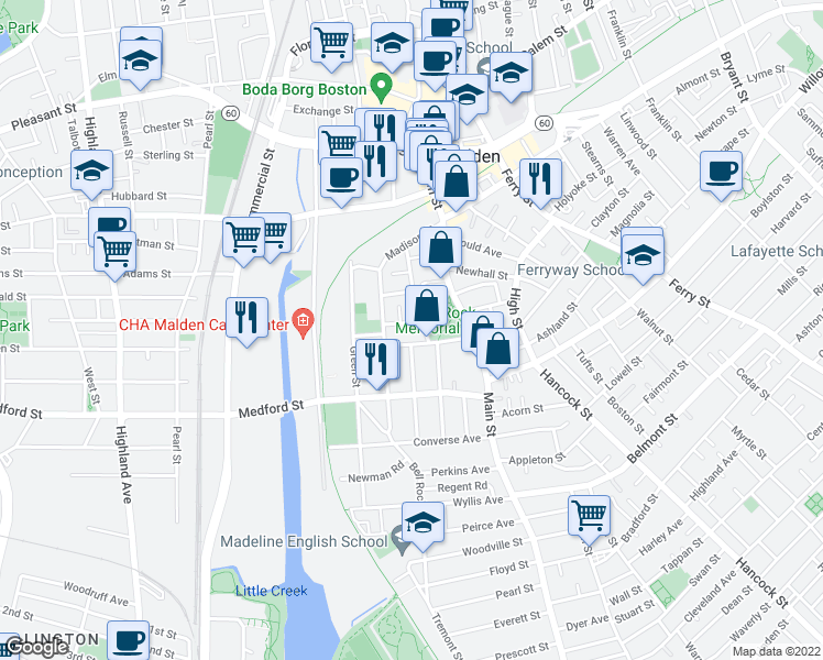 map of restaurants, bars, coffee shops, grocery stores, and more near 73 Meridian Street in Malden