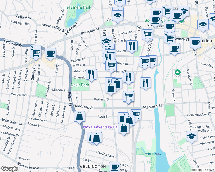 map of restaurants, bars, coffee shops, grocery stores, and more near 10 School Street in Malden