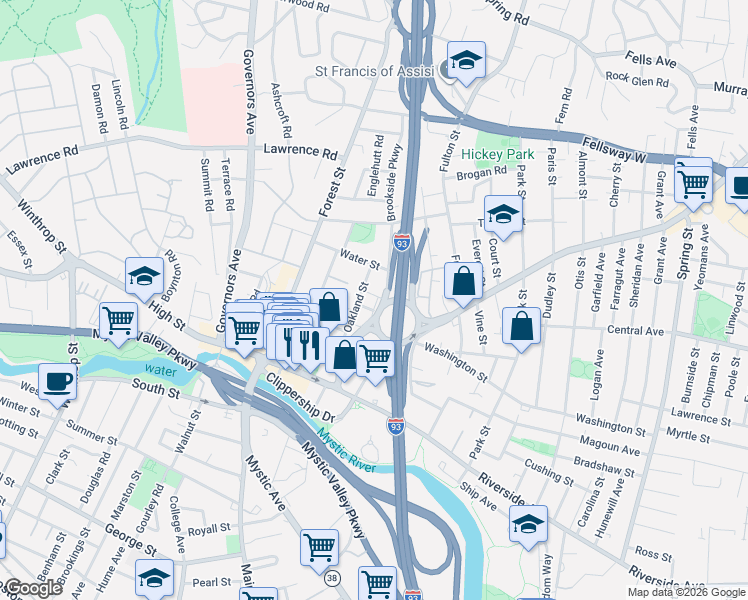 map of restaurants, bars, coffee shops, grocery stores, and more near 3 Oakland Park in Medford