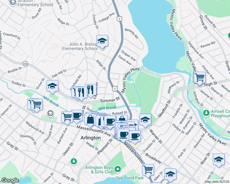 map of restaurants, bars, coffee shops, grocery stores, and more near 144 Mystic Street in Arlington