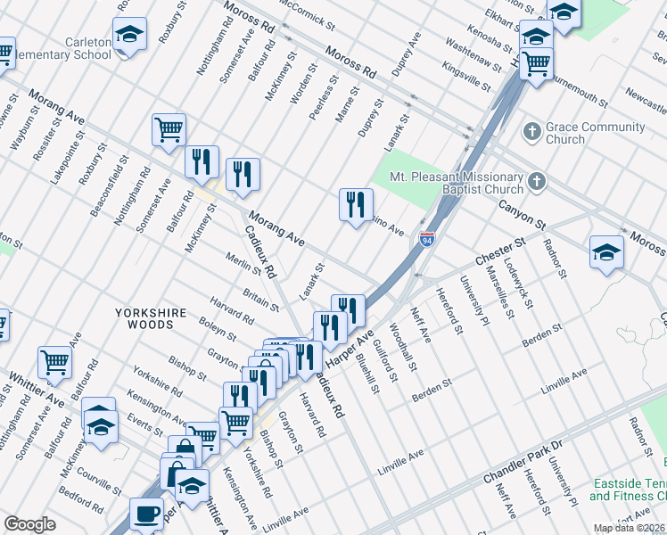 map of restaurants, bars, coffee shops, grocery stores, and more near 9240 Woodhall Street in Detroit