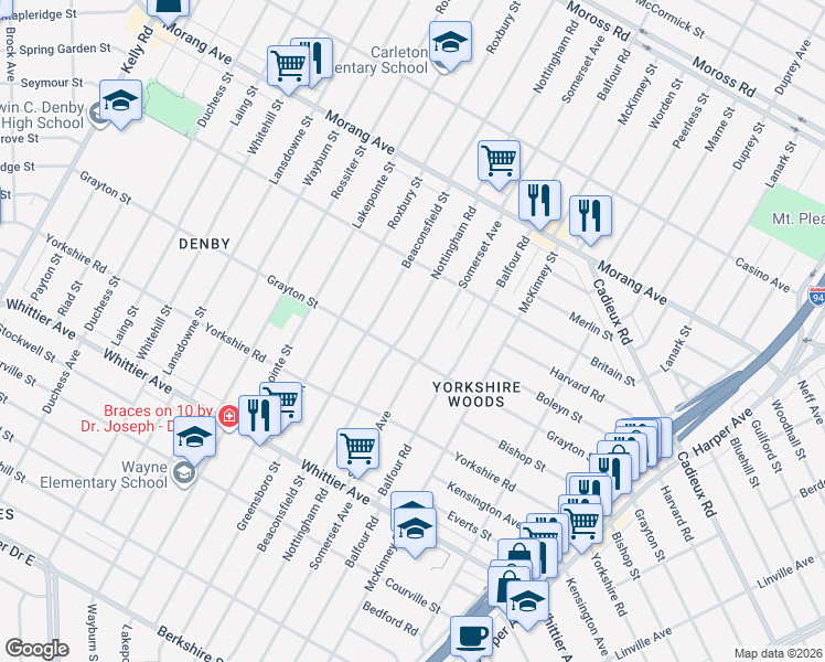 map of restaurants, bars, coffee shops, grocery stores, and more near 10842 Nottingham Road in Detroit