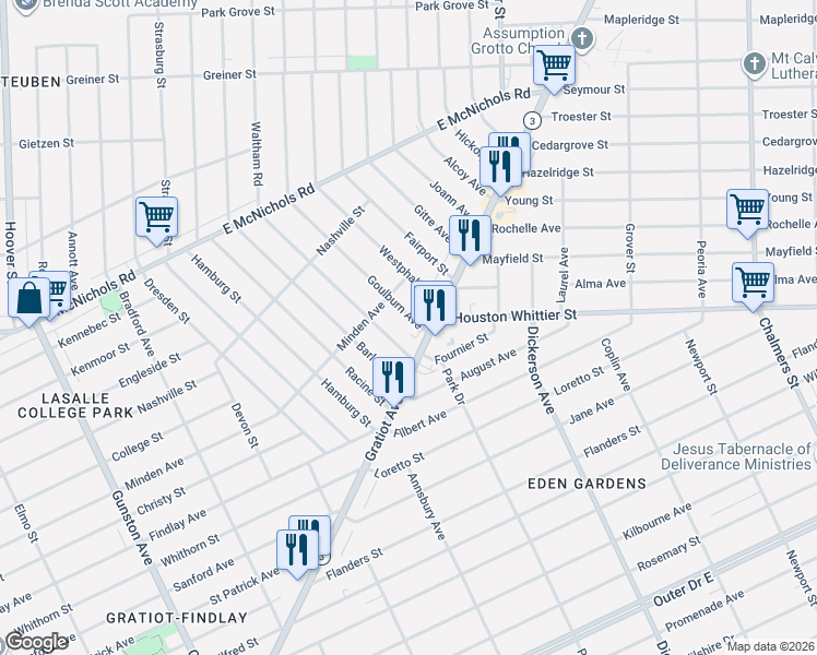 map of restaurants, bars, coffee shops, grocery stores, and more near 12164 Waltham Street in Detroit