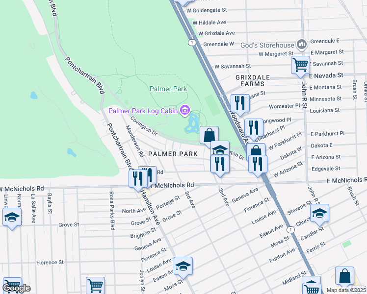 map of restaurants, bars, coffee shops, grocery stores, and more near 681 Covington Drive in Detroit