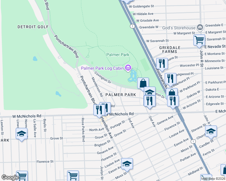 map of restaurants, bars, coffee shops, grocery stores, and more near 850 Whitmore Road in Detroit