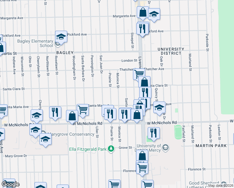 map of restaurants, bars, coffee shops, grocery stores, and more near 17374 Prairie Street in Detroit