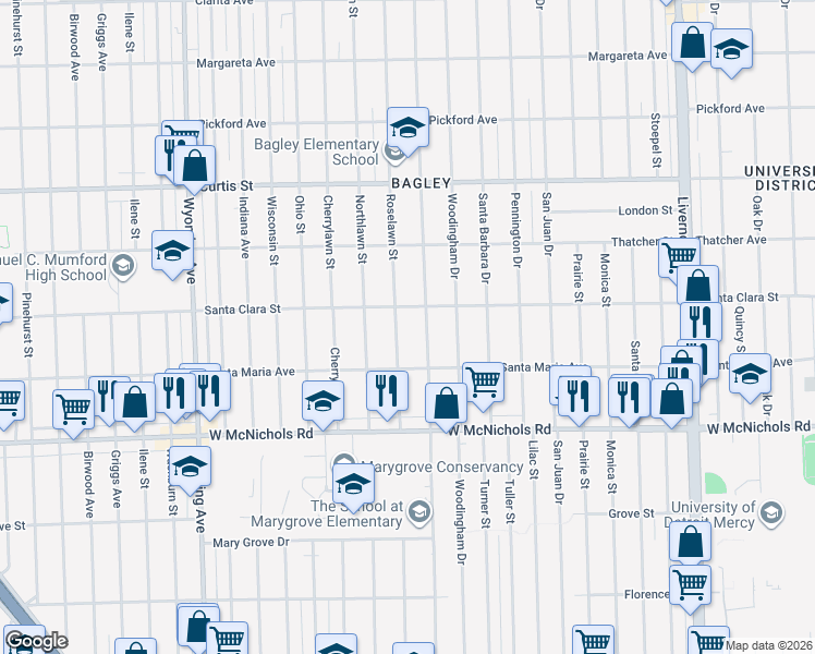 map of restaurants, bars, coffee shops, grocery stores, and more near 17376 Roselawn Street in Detroit