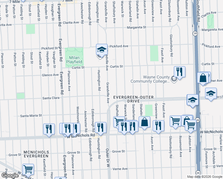map of restaurants, bars, coffee shops, grocery stores, and more near 17541 Grandville Avenue in Detroit