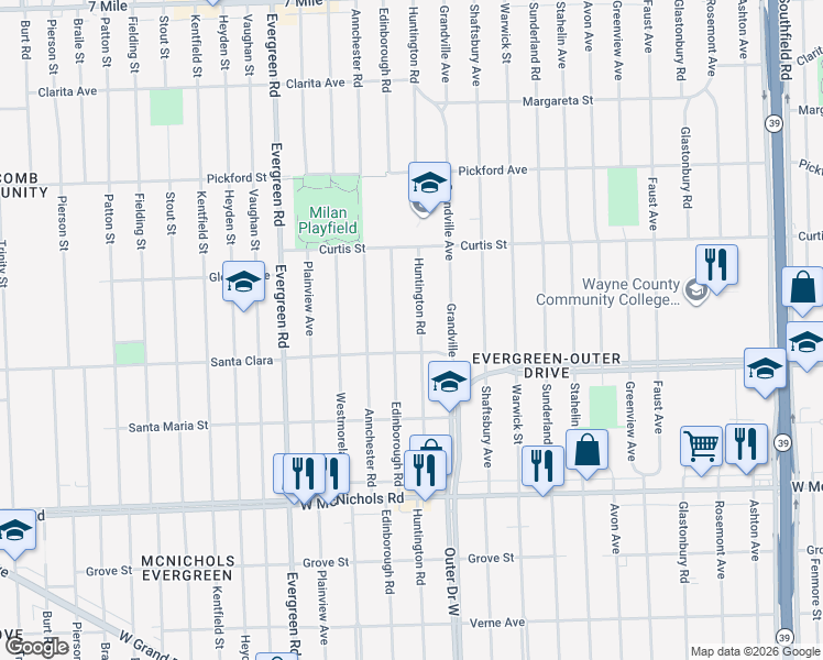 map of restaurants, bars, coffee shops, grocery stores, and more near 17527 Huntington Road in Detroit