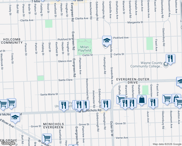 map of restaurants, bars, coffee shops, grocery stores, and more near 17540 Annchester Road in Detroit
