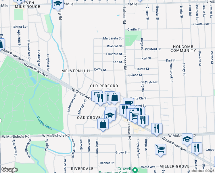 map of restaurants, bars, coffee shops, grocery stores, and more near 22130 Willmarth Avenue in Detroit