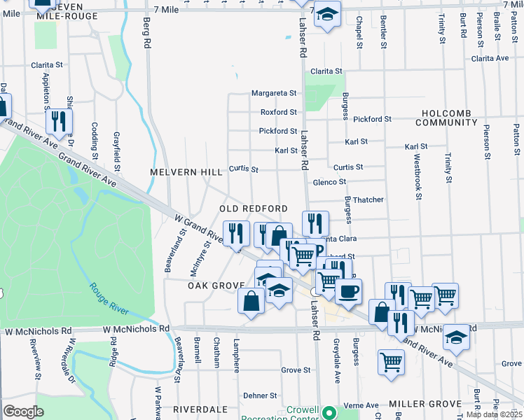 map of restaurants, bars, coffee shops, grocery stores, and more near 22130 Willmarth Avenue in Detroit