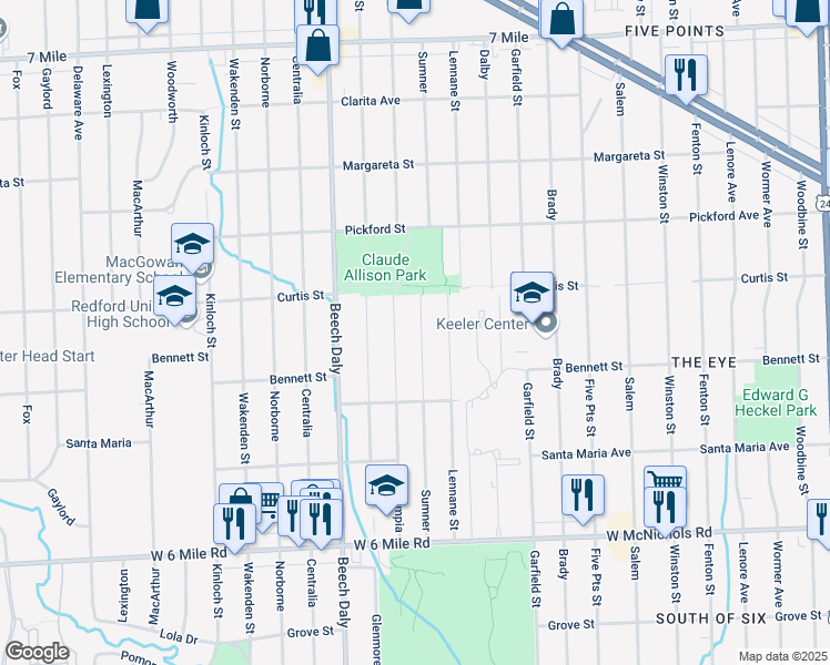 map of restaurants, bars, coffee shops, grocery stores, and more near 17685 Sumner in Redford Charter Township