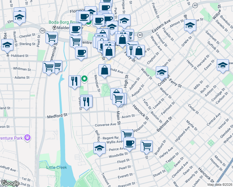 map of restaurants, bars, coffee shops, grocery stores, and more near 107 Judson Street in Malden