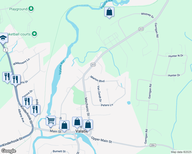 map of restaurants, bars, coffee shops, grocery stores, and more near 6007 Marion Boulevard in Valatie