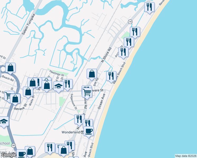 map of restaurants, bars, coffee shops, grocery stores, and more near 3 Clinton Road in Revere
