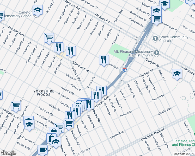 map of restaurants, bars, coffee shops, grocery stores, and more near 9240 Woodhall Street in Detroit