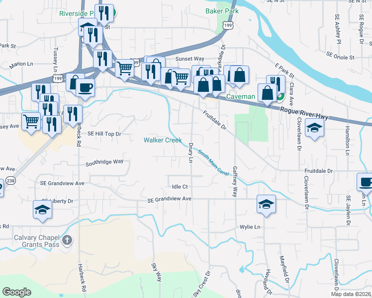 map of restaurants, bars, coffee shops, grocery stores, and more near 1736 Drury Lane in Grants Pass