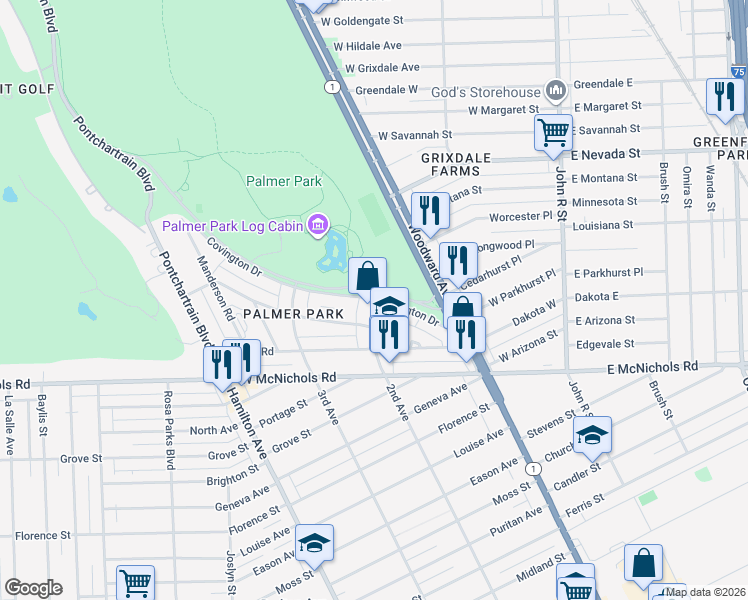 map of restaurants, bars, coffee shops, grocery stores, and more near 2nd Avenue & Covington Drive in Detroit