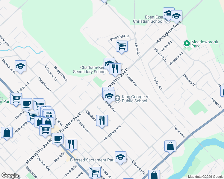 map of restaurants, bars, coffee shops, grocery stores, and more near 258 McNaughton Avenue East in Chatham-Kent