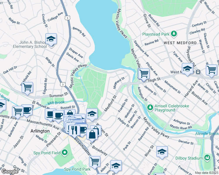 map of restaurants, bars, coffee shops, grocery stores, and more near 51 Webcowet Road in Arlington