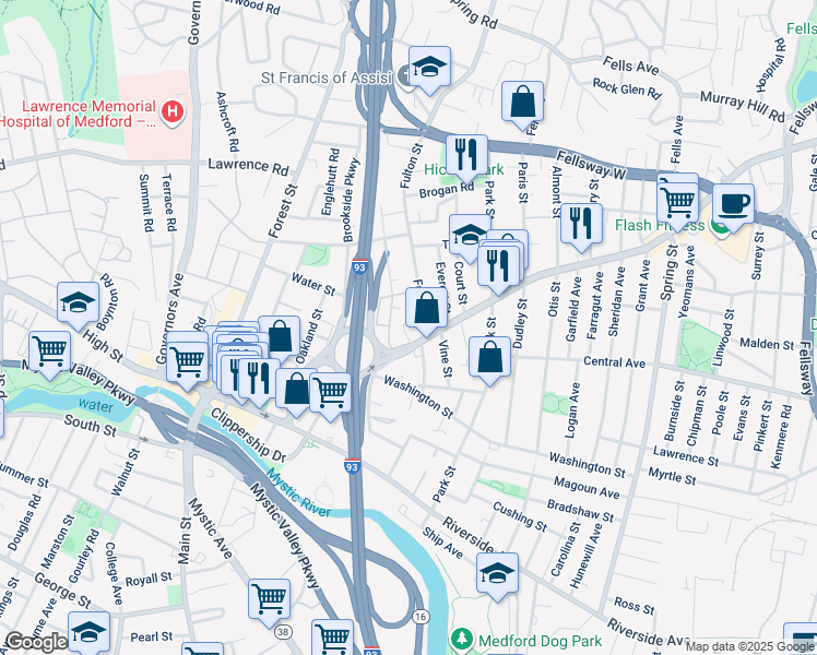 map of restaurants, bars, coffee shops, grocery stores, and more near 13 Allen Court in Medford
