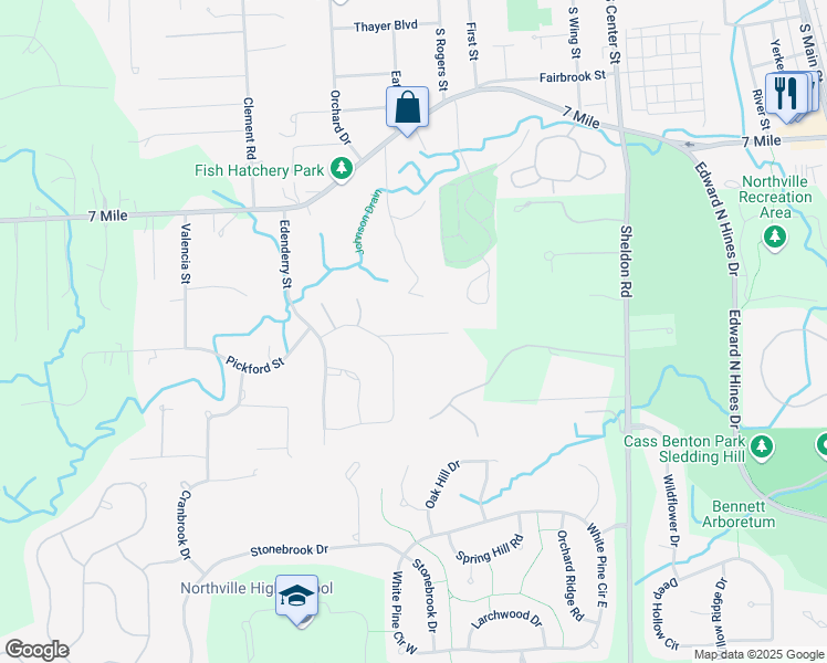 map of restaurants, bars, coffee shops, grocery stores, and more near 45753 Fermanagh Drive in Northville