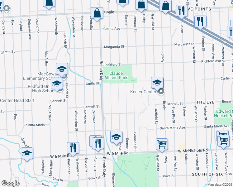 map of restaurants, bars, coffee shops, grocery stores, and more near 17696 Glenmore in Redford Charter Township