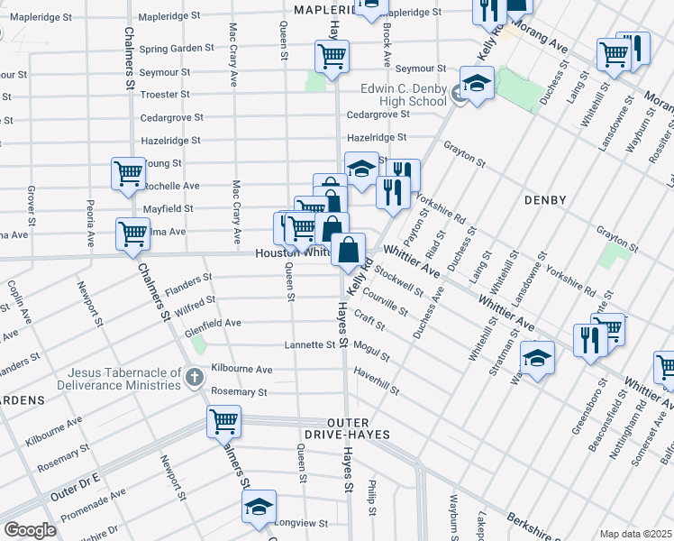 map of restaurants, bars, coffee shops, grocery stores, and more near 15017 Flanders Street in Detroit