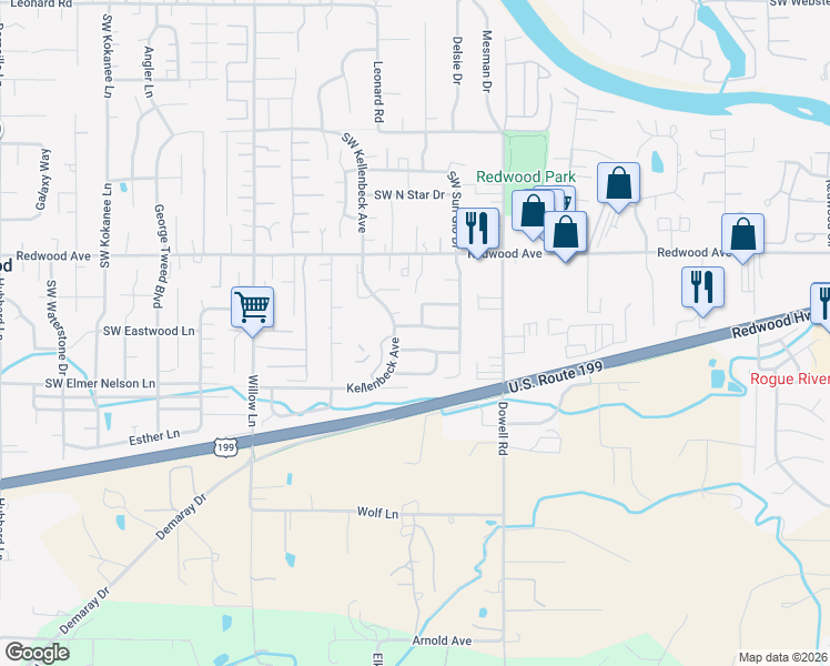 map of restaurants, bars, coffee shops, grocery stores, and more near 2171 Shane Way in Grants Pass