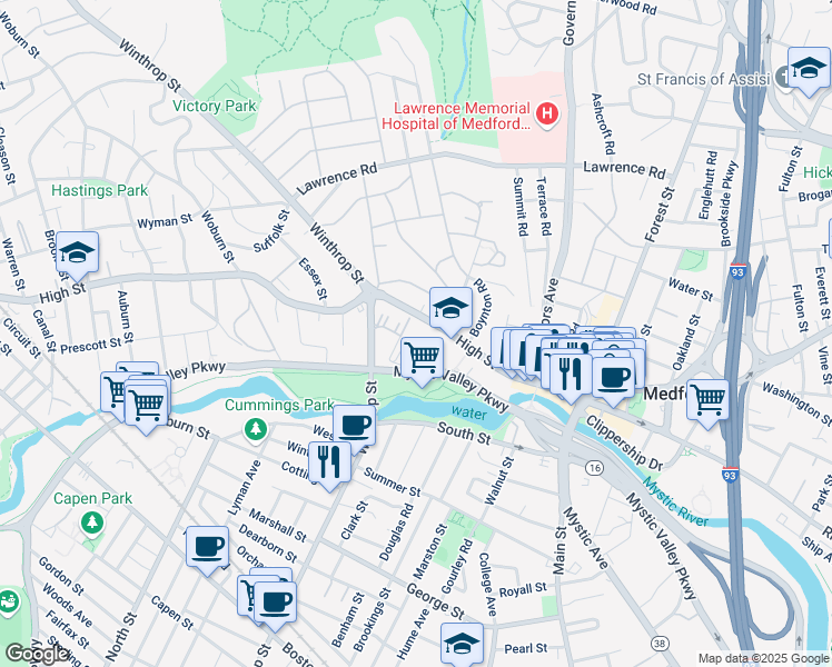 map of restaurants, bars, coffee shops, grocery stores, and more near 160 High Street in Medford