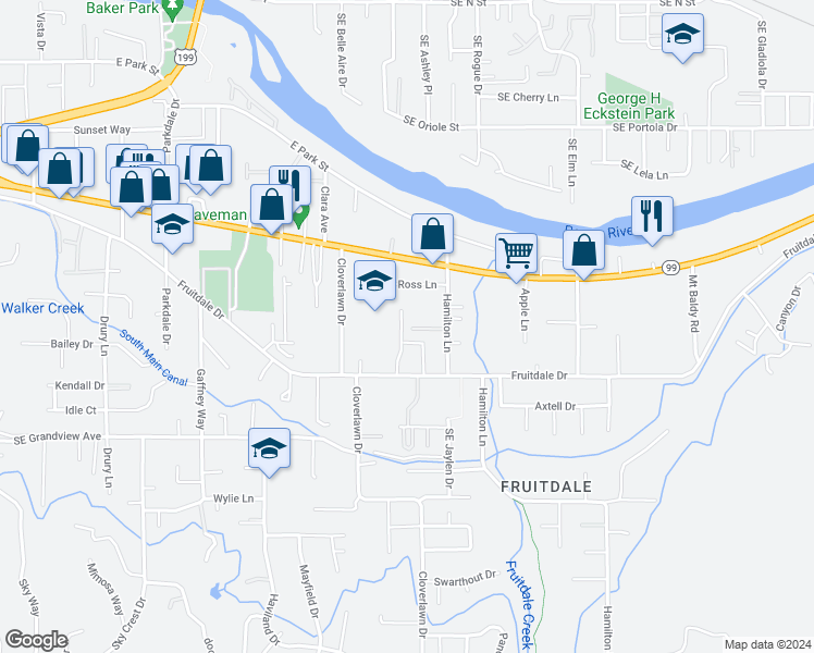 map of restaurants, bars, coffee shops, grocery stores, and more near 1401 Southeast Payton's Way in Grants Pass