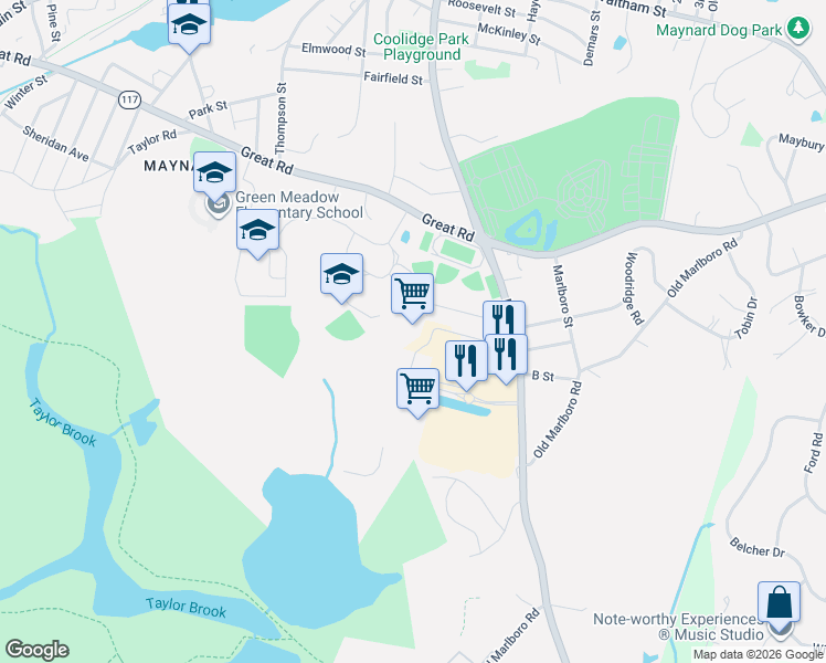 map of restaurants, bars, coffee shops, grocery stores, and more near 15 Digital Way in Maynard