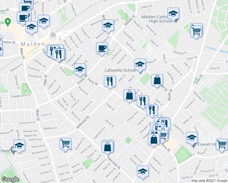 map of restaurants, bars, coffee shops, grocery stores, and more near Ferry St & Belmont St in Malden