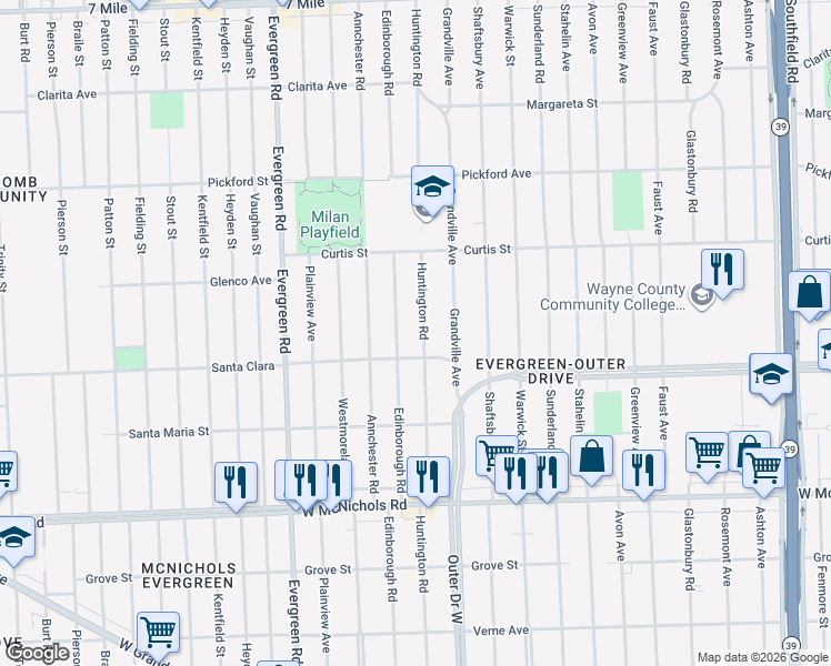 map of restaurants, bars, coffee shops, grocery stores, and more near 17527 Huntington Road in Detroit