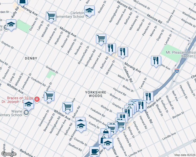 map of restaurants, bars, coffee shops, grocery stores, and more near 10603 McKinney Street in Detroit