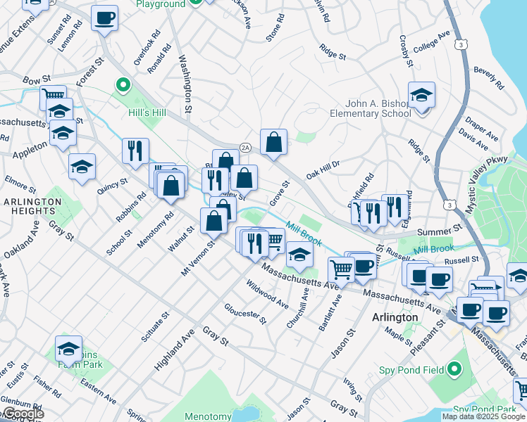 map of restaurants, bars, coffee shops, grocery stores, and more near 44 Grove Street in Arlington