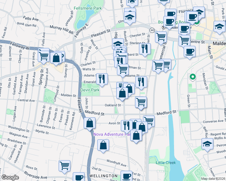 map of restaurants, bars, coffee shops, grocery stores, and more near 186 West Street in Malden