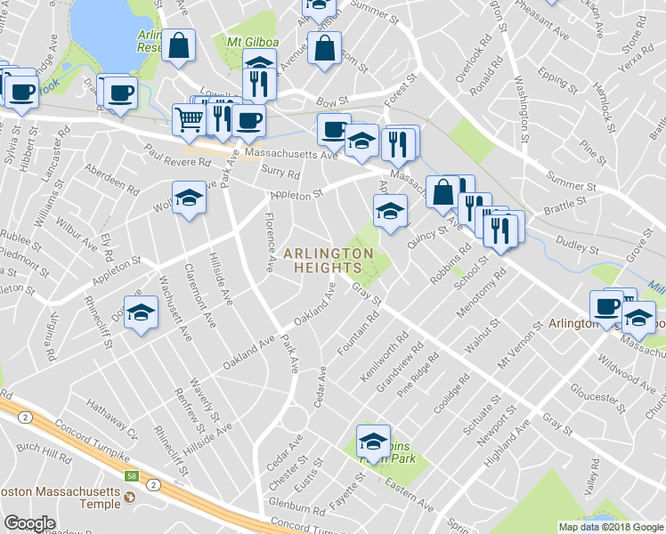 map of restaurants, bars, coffee shops, grocery stores, and more near 404 Gray Street in Arlington
