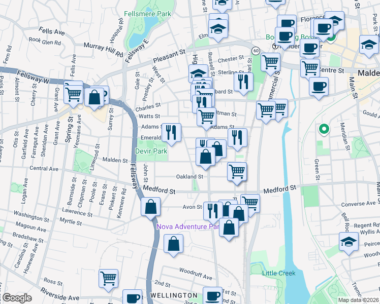 map of restaurants, bars, coffee shops, grocery stores, and more near 187 West Street in Malden