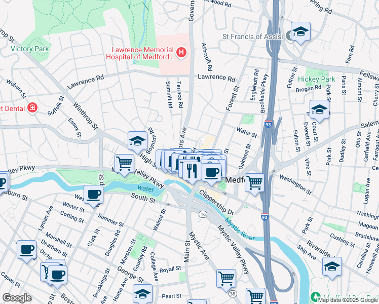map of restaurants, bars, coffee shops, grocery stores, and more near 15 Governors Avenue in Medford