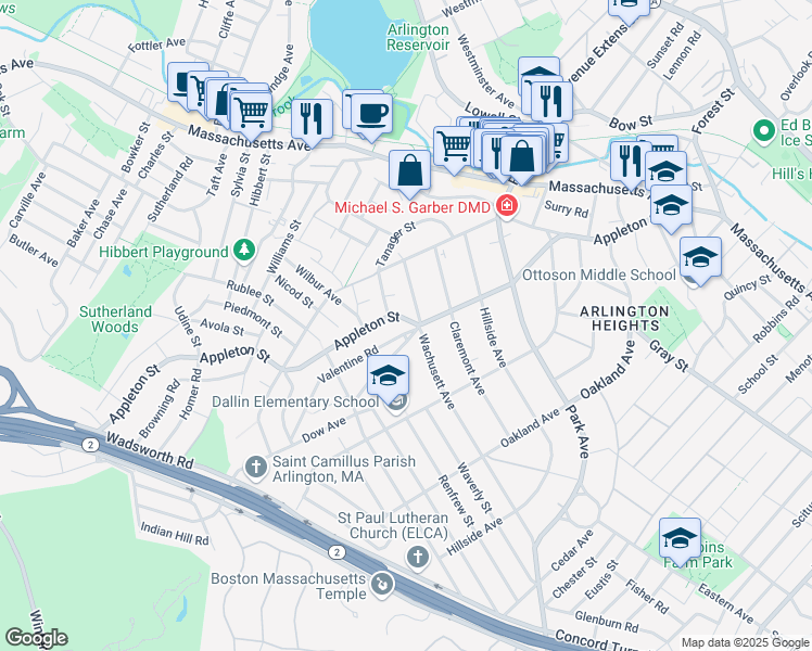 map of restaurants, bars, coffee shops, grocery stores, and more near 222 Appleton Street in Arlington