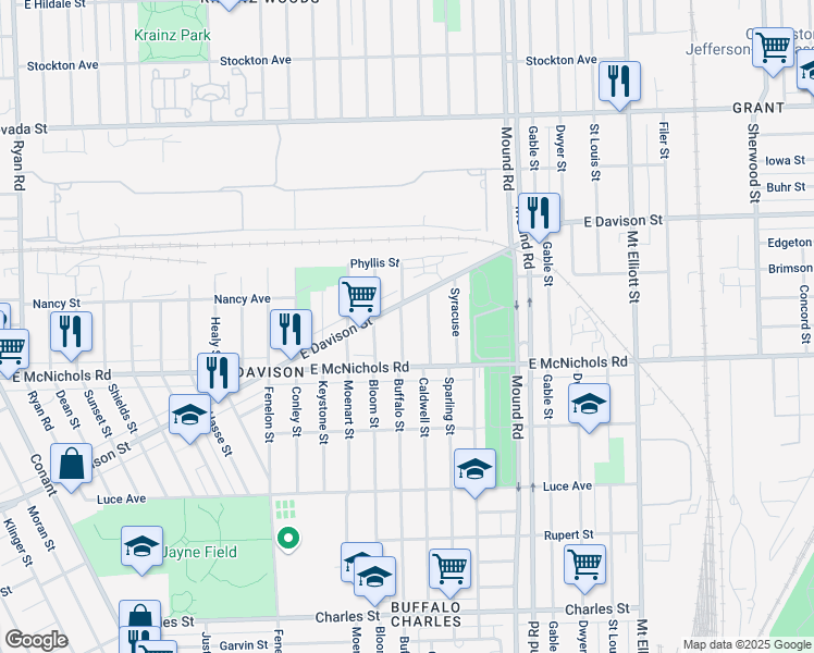 map of restaurants, bars, coffee shops, grocery stores, and more near 17178 Buffalo Street in Hamtramck