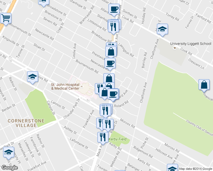 map of restaurants, bars, coffee shops, grocery stores, and more near 19269 Mack Avenue in Grosse Pointe Woods